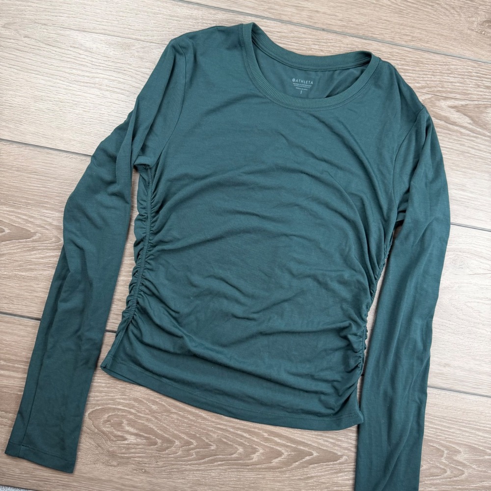 Athleta Womens Long Sleeve Ruched Side T-Shirt Dark Green S